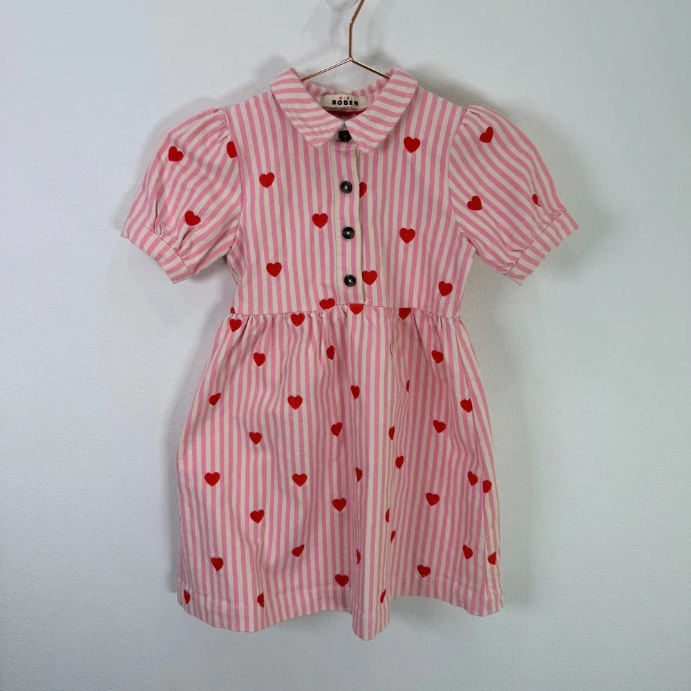 Mini Boden Girls Pink White Striped Red Heart Embroidered Denim Dress 6-7Y G5127